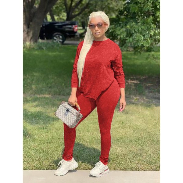 Round neck plush print ladies slim high stretch leisure sports suit MM2146