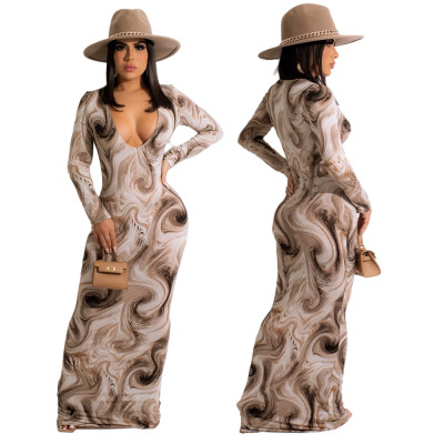 Fashion women's sexy tie-dye printing slim long-sleeved low-neck dress women MM2149