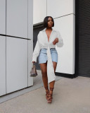 Nightclub solid color pleated deep V belt zipper casual shirt MH82085