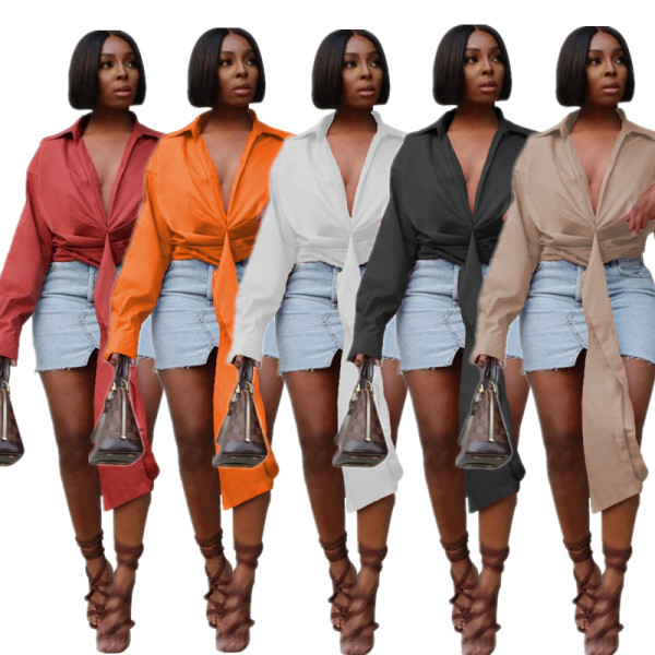 Nightclub solid color pleated deep V belt zipper casual shirt MH82085
