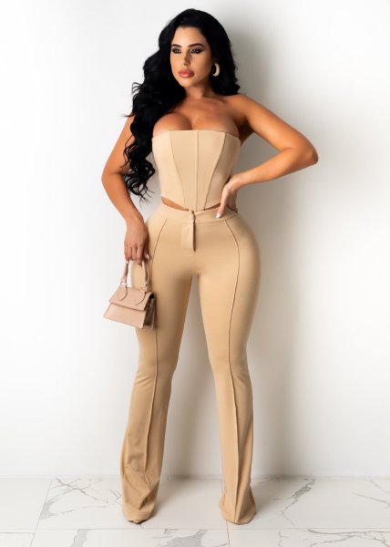 Women's hot style sexy tube top strapless slim flared trousers nightclub suit HANI2162