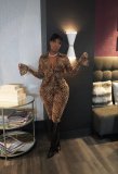 Women's fashion leopard pattern shirt-shaped flared sleeve casual suit CH8229