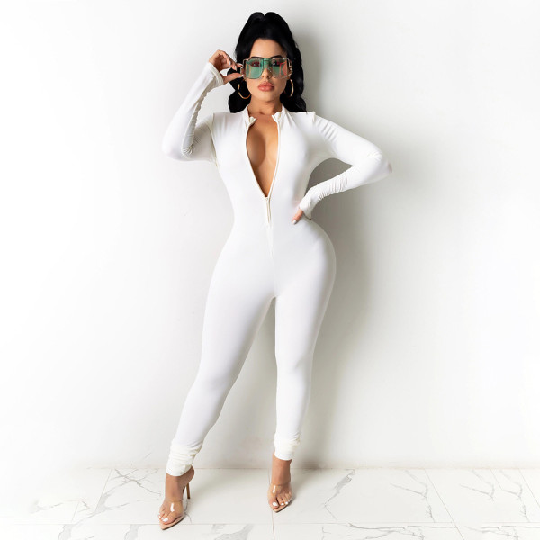 Pure Color Zipper Long Sleeve Sexy Slim Ladies Leggings All-in-One Pants MM2134