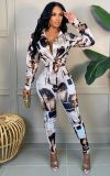 Glossy Irregular Printed Ladies Shirt and Pencil Pants Set MM2147