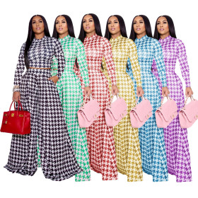 Autumn and winter women's special houndstooth pattern printing round neck long-sleeved trousers ladies casual suit MM2139