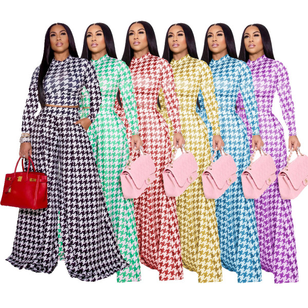 Autumn and winter women's special houndstooth pattern printing round neck long-sleeved trousers ladies casual suit MM2139