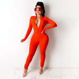 Pure Color Zipper Long Sleeve Sexy Slim Ladies Leggings All-in-One Pants MM2134