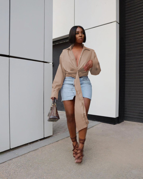 Nightclub solid color pleated deep V belt zipper casual shirt MH82085