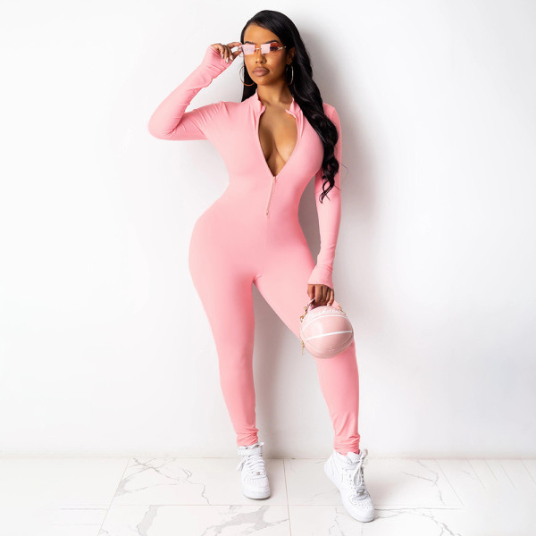 Pure Color Zipper Long Sleeve Sexy Slim Ladies Leggings All-in-One Pants MM2134