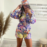 Women's Fashion Casual Suit Beach Sunscreen Suit Long Sleeve Shirt Shorts Turban Three-piece Set T650322194267