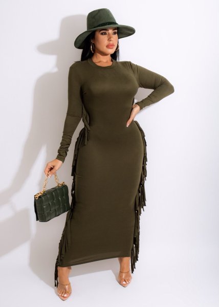 Autumn and winter solid color dress tassel fashion dress HN066