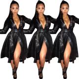 Sexy women's hot selling hot-selling corn-eye belt V-neck jacket leather jacket MH2040