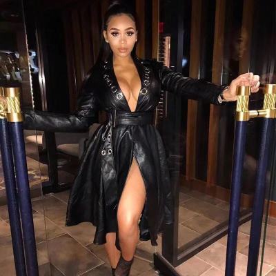 Sexy women's hot selling hot-selling corn-eye belt V-neck jacket leather jacket MH2040