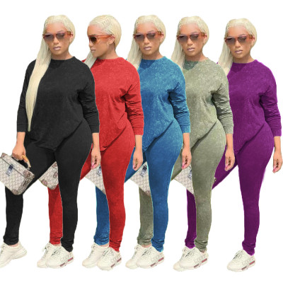 Round neck plush print ladies slim high stretch leisure sports suit MM2146