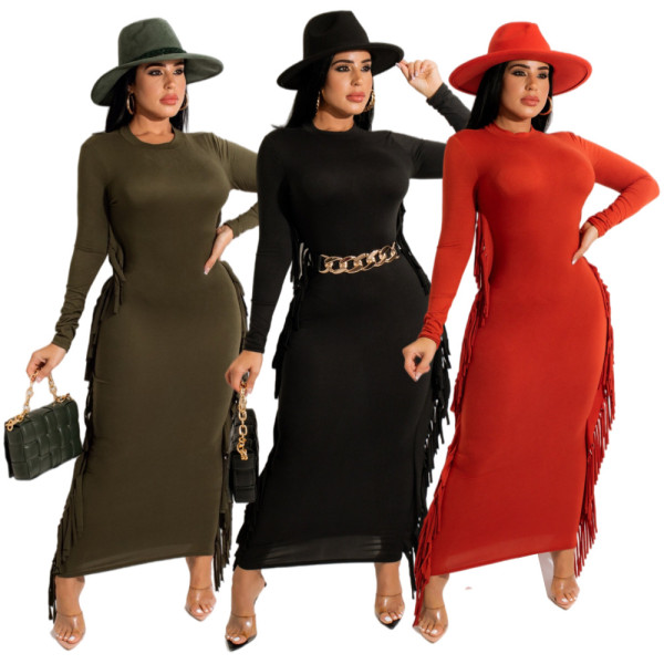 Autumn and winter solid color dress tassel fashion dress HN066
