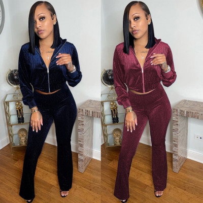 New solid color silver velvet drawstring zipper two-piece wide-leg pants XR3012