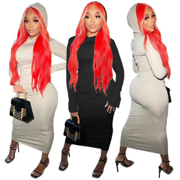 Women's autumn and winter casual fashion solid color sexy hooded dress XR3013