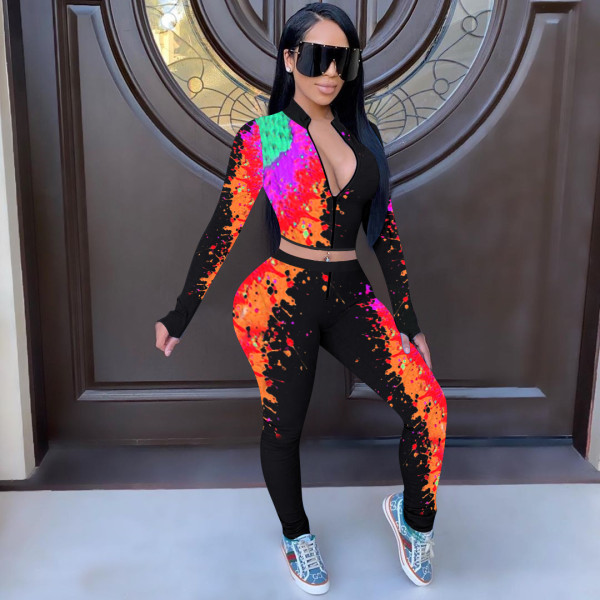 Women's broken ink print long sleeve two-piece suit D8285-1