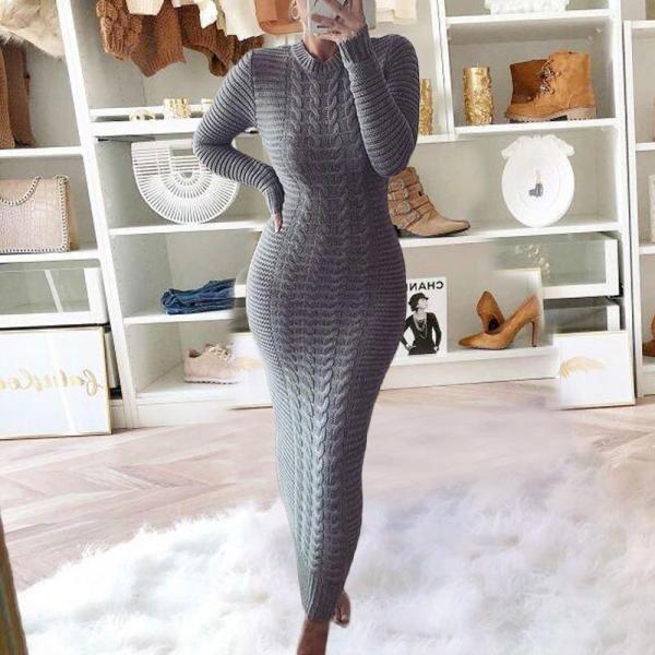Autumn and winter new women's fashion twist long-sleeved woolen dress D630691445361