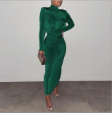 Women's autumn new style shoulder pad half-high collar pleated waist long-sleeved long dress D654168788360