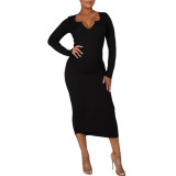 2021 Explosive Women's Pure Color Casual Fashion Dress Spring V-neck Long Sleeve Slim Pack Hip Skirt D652874432988
