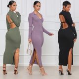 Fashion halter strap solid color long skirt JC7077