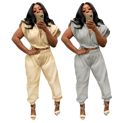 Women's fashion casual solid color sweater suit with split cuffs F7535