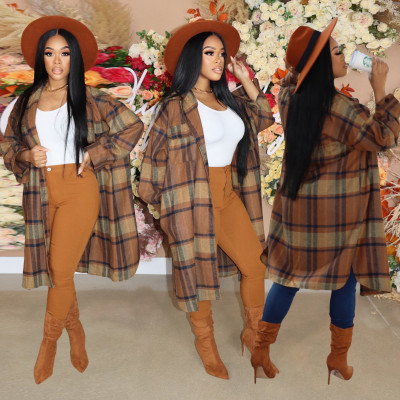 Autumn new fashion casual women's color plaid long suit collar jacket DL88019