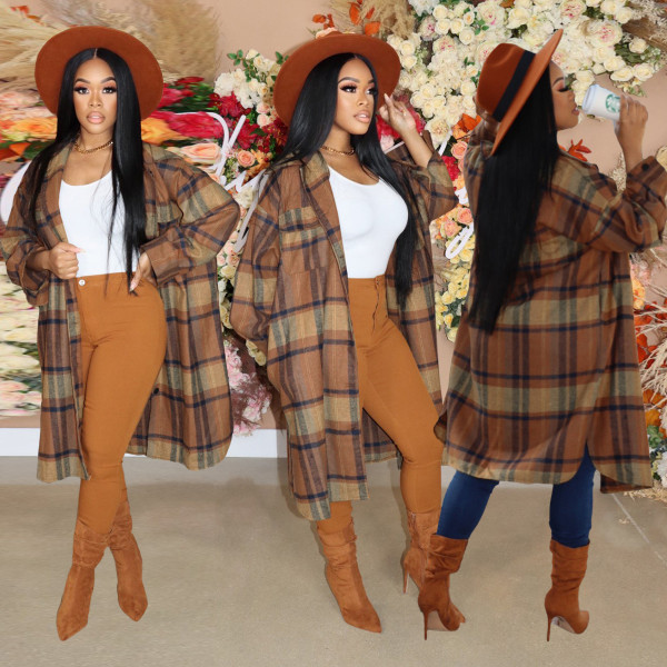 Autumn new fashion casual women's color plaid long suit collar jacket DL88019