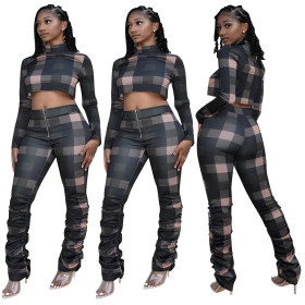 Women's sexy casual two-piece suit hot sale plaid print fashion suit JH282