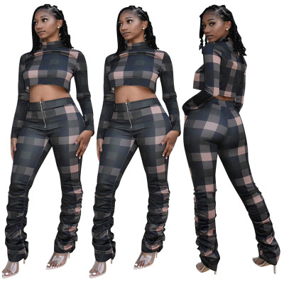 Women's sexy casual two-piece suit hot sale plaid print fashion suit JH282