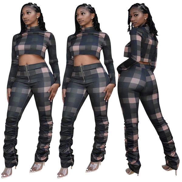 Women's sexy casual two-piece suit hot sale plaid print fashion suit JH282