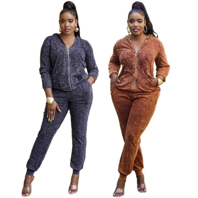 Fashion casual sports printed zipper hooded two-piece suit JC7078