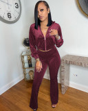 New solid color silver velvet drawstring zipper two-piece wide-leg pants XR3012