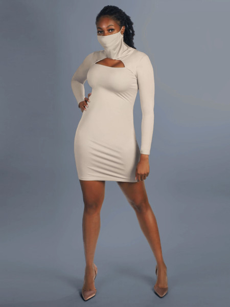 High neck mask personality design solid color dress JC7071