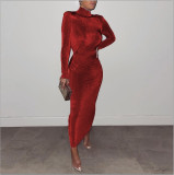 Women's autumn new style shoulder pad half-high collar pleated waist long-sleeved long dress D654168788360