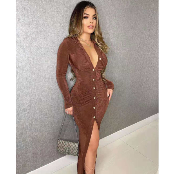 New fashion solid color Korean velvet slim sexy bag hip cardigan dress long skirt D655326149966