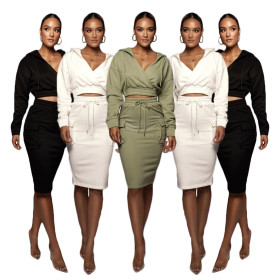 Women's 2021 hot sale Hooded V-neck pocket bag hip one-step skirt suit female two-piece suit D658667066254