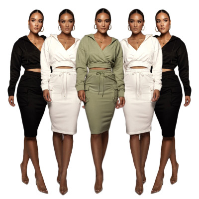Women's 2021 hot sale Hooded V-neck pocket bag hip one-step skirt suit female two-piece suit D658667066254