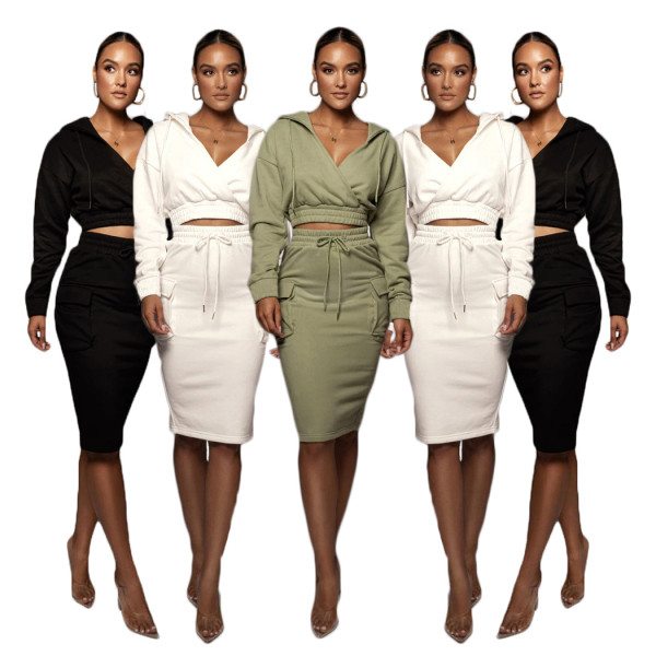 Women's 2021 hot sale Hooded V-neck pocket bag hip one-step skirt suit female two-piece suit D658667066254