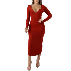 2021 Explosive Women's Pure Color Casual Fashion Dress Spring V-neck Long Sleeve Slim Pack Hip Skirt D652874432988