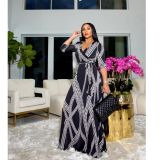 Women's Fashion Printed V-neck, High-Waist, Big Swing Dress X9330