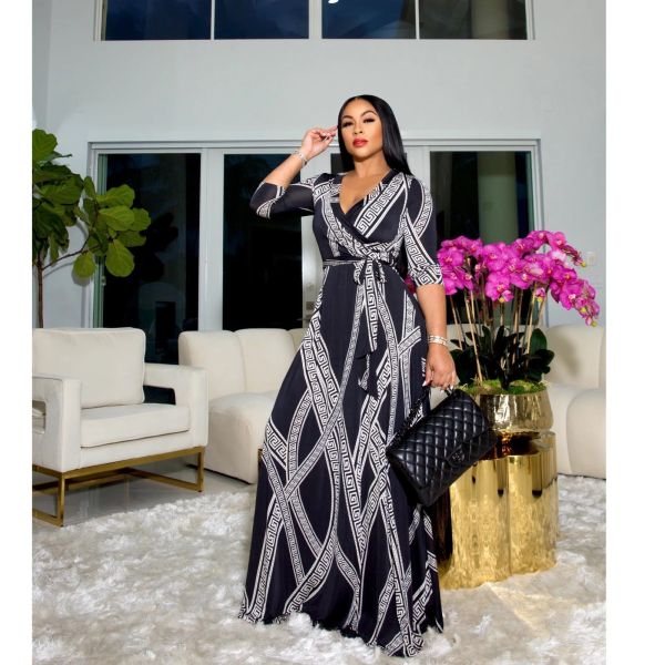 Women's Fashion Printed V-neck, High-Waist, Big Swing Dress X9330