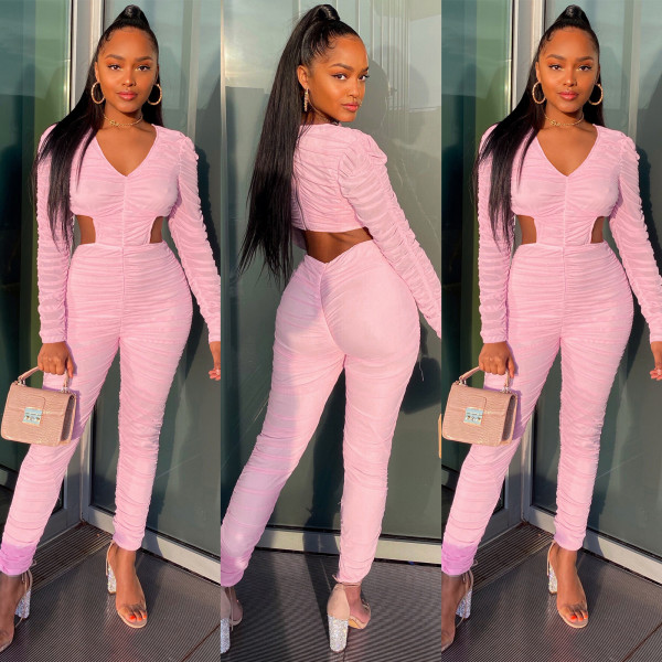 Sexy zipper pleated long-sleeved V-neck jumpsuit YF8055