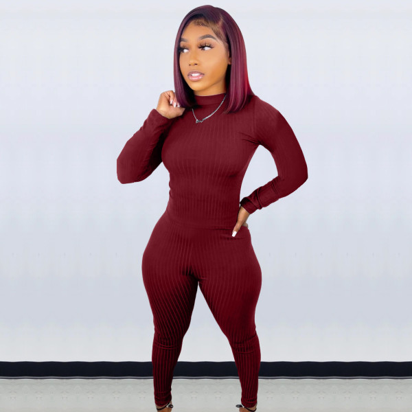 Fashion solid color pit strip slim long-sleeved trousers elastic waist autumn two-piece suit X9332