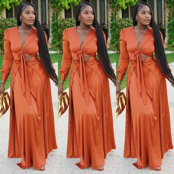 Fashion slit long sleeves waist waist sexy dress YF8045-1