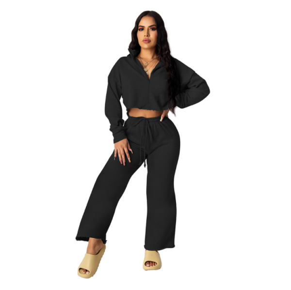 Autumn and winter two-piece long-sleeved zipper loose pants solid color suit D88128