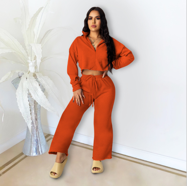 Autumn and winter two-piece long-sleeved zipper loose pants solid color suit D88128
