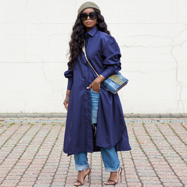 Fashion single-row long-sleeved pocket shirt dress YF8043