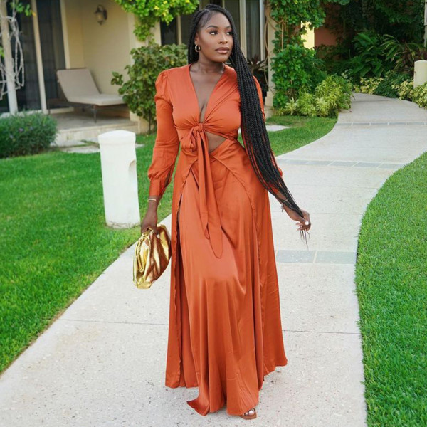 Fashion slit long sleeves waist waist sexy dress YF8045-1